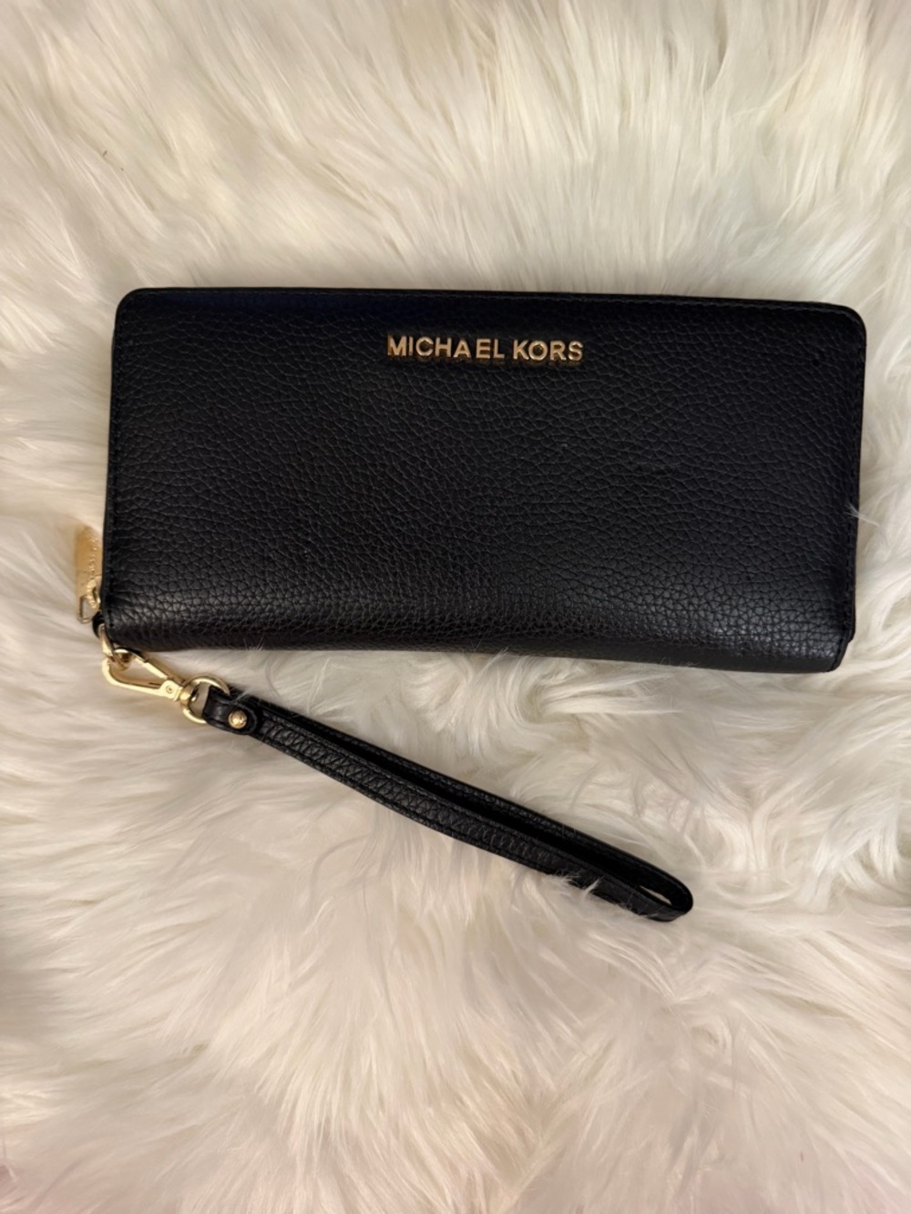 Michael Kors Black Leather Zip-Around Wristlet with Gold Logo